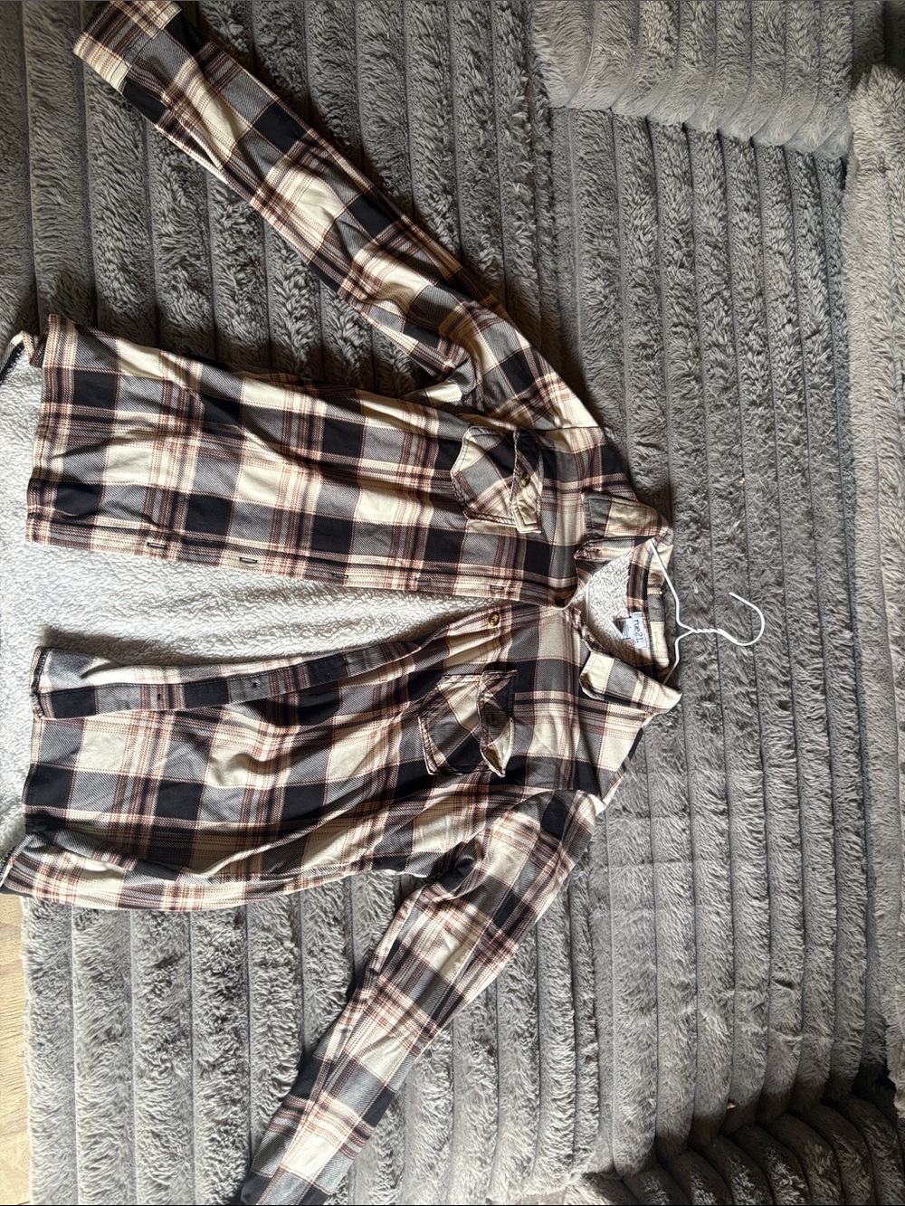 Rue21 women’s Plaid Button-Down Shirt - Black & Cream with Brown Accents